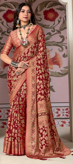 Beige and Brown color Saree in Brasso fabric with Foil Print, Printed work