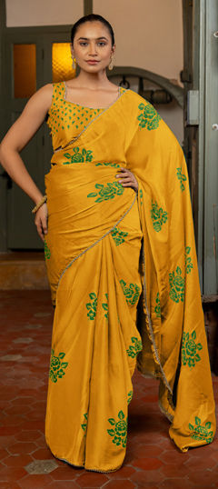 Yellow color Saree in Chiffon fabric with Floral, Lace, Printed work