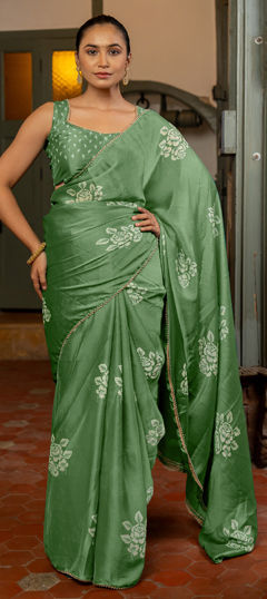Green color Saree in Chiffon fabric with Floral, Lace, Printed work