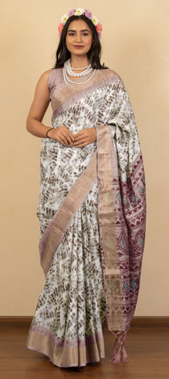 White and Off White color Saree in Silk cotton fabric with Printed work