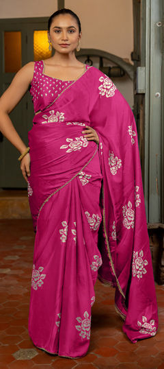Pink and Majenta color Saree in Chiffon fabric with Floral, Lace, Printed work