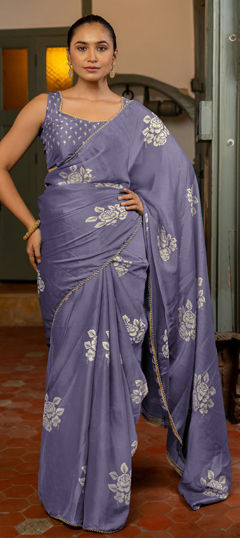 Purple and Violet color Saree in Chiffon fabric with Floral, Lace, Printed work