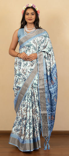 White and Off White color Saree in Silk cotton fabric with Printed work