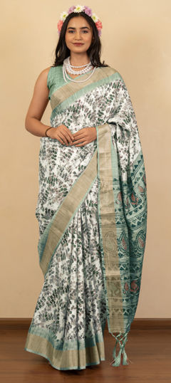 White and Off White color Saree in Silk cotton fabric with Printed work