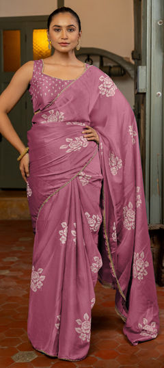 Pink and Majenta color Saree in Chiffon fabric with Floral, Lace, Printed work
