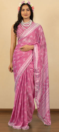 Pink and Majenta color Saree in Chiffon fabric with Floral, Lace, Printed work