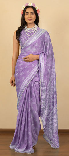 Purple and Violet color Saree in Chiffon fabric with Floral, Lace, Printed work