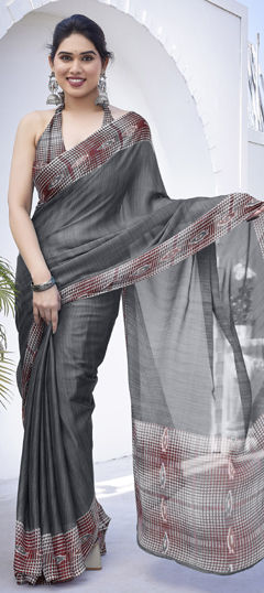 Black and Grey color Saree in Chiffon fabric with Printed work