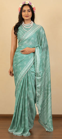 Blue color Saree in Chiffon fabric with Floral, Lace, Printed work