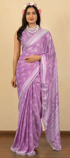 Purple and Violet color Saree in Chiffon fabric with Floral, Lace, Printed work