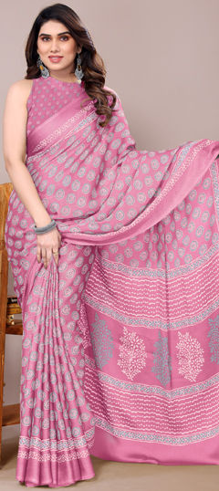 Pink and Majenta color Saree in Chiffon fabric with Block Print work
