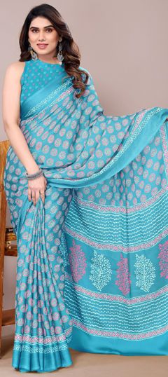 Blue color Saree in Chiffon fabric with Block Print work