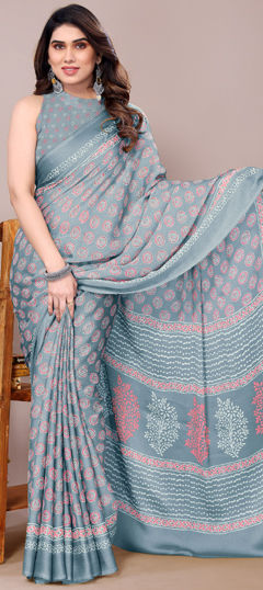 Black and Grey color Saree in Chiffon fabric with Block Print work