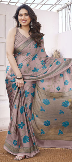 Pink and Majenta color Saree in Chiffon fabric with Floral, Printed work
