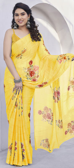 Yellow color Saree in Chiffon fabric with Floral, Printed work