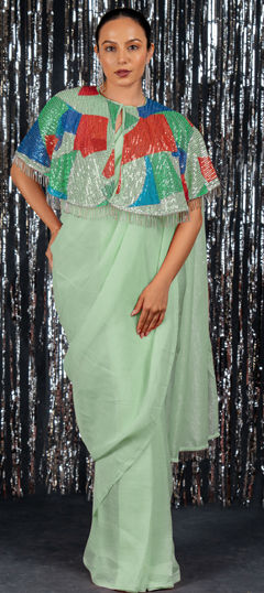 Green color Readymade Saree in Chiffon fabric with Sequence work
