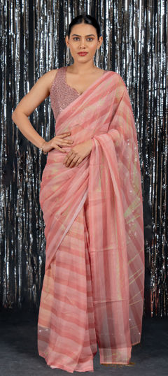 Pink and Majenta color Readymade Saree in Organza Silk fabric with Digital Print work