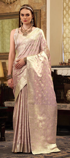 Pink and Majenta color Saree in Satin Silk fabric with Weaving, Zari work