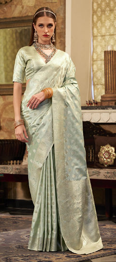 Blue color Saree in Satin Silk fabric with Weaving, Zari work