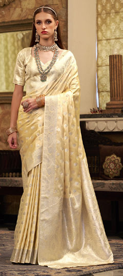 Yellow color Saree in Satin Silk fabric with Weaving, Zari work