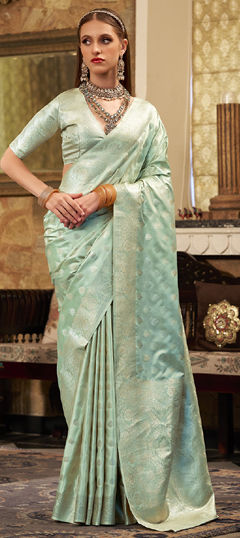 Green color Saree in Satin Silk fabric with Weaving, Zari work