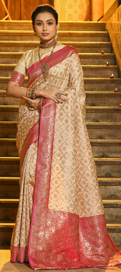 Pink and Majenta color Saree in Banarasi Silk fabric with Weaving work