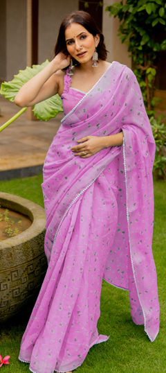 Pink and Majenta color Readymade Saree in Blended Cotton fabric with Floral, Printed work