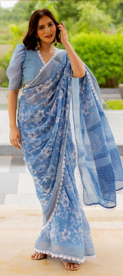 Blue color Readymade Saree in Blended Cotton fabric with Floral, Printed work