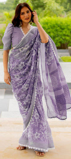 Purple and Violet color Readymade Saree in Blended Cotton fabric with Floral, Printed work