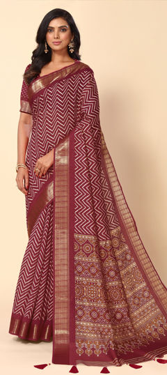 Red and Maroon color Readymade Saree in Cotton fabric with Printed work