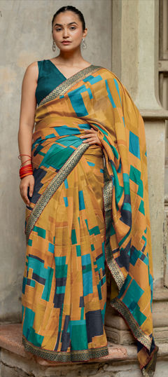 Blue color Readymade Saree in Silk fabric with Printed work