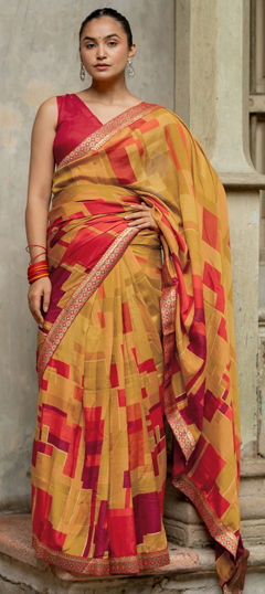 Red and Maroon color Readymade Saree in Silk fabric with Printed work