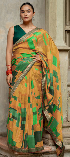 Green color Readymade Saree in Silk fabric with Printed work