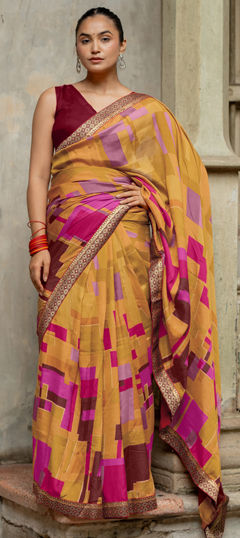 Red and Maroon color Readymade Saree in Silk fabric with Printed work