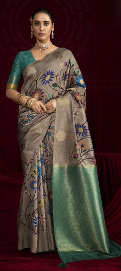 Beige and Brown, Green color Saree in Silk fabric with Weaving work