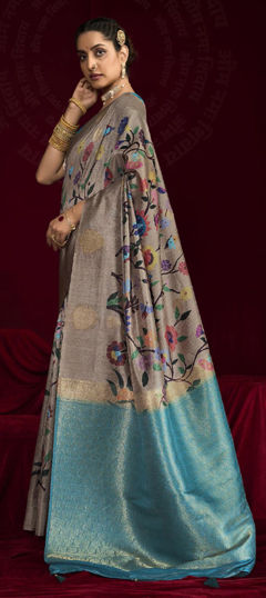 Beige and Brown, Blue color Saree in Silk fabric with Weaving work