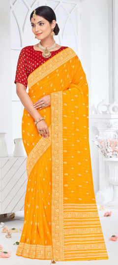 Yellow color Saree in Silk fabric with Weaving work