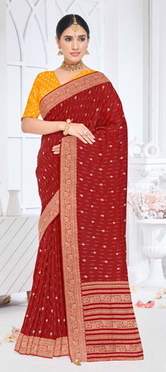 Red and Maroon color Saree in Silk fabric with Weaving work