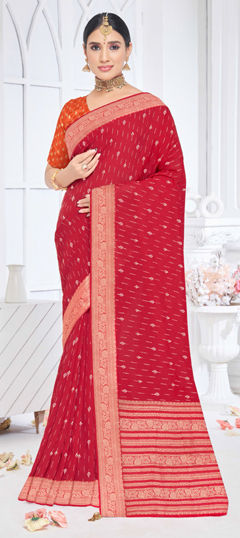 Red and Maroon color Saree in Silk fabric with Weaving work