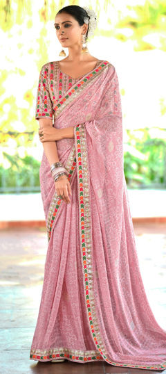 Pink and Majenta color Saree in Georgette fabric with Border, Sequence, Thread work