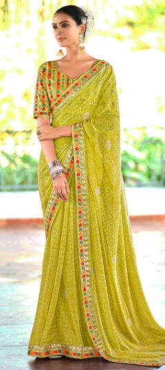 Green color Saree in Georgette fabric with Border, Sequence, Thread work