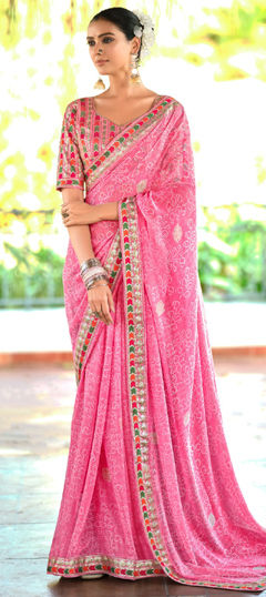 Pink and Majenta color Saree in Georgette fabric with Border, Sequence, Thread work