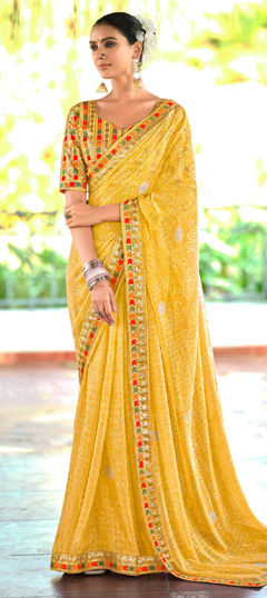 Yellow color Saree in Georgette fabric with Border, Sequence, Thread work
