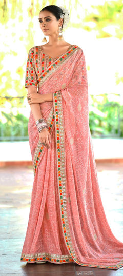 Pink and Majenta color Saree in Georgette fabric with Border, Sequence, Thread work