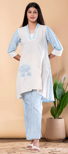 Beige and Brown, Blue color Co-ords Set in Cotton Flex fabric with Printed work