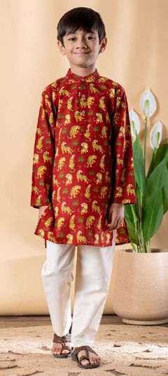 Red and Maroon color Boys Kurta Pyjama in Cotton fabric with Printed work