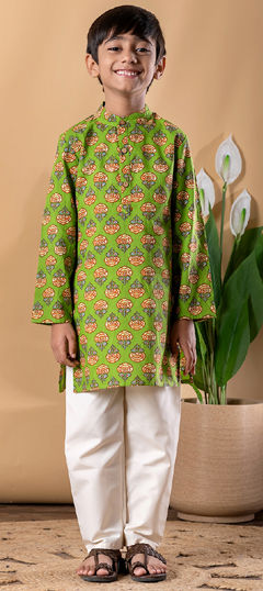 Green color Boys Kurta Pyjama in Cotton fabric with Printed work