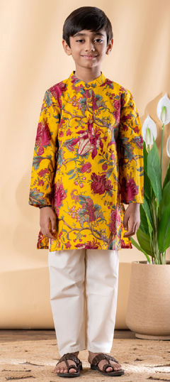 Yellow color Boys Kurta Pyjama in Cotton fabric with Printed work
