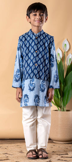 Blue color Boys Kurta Pyjama with Jacket in Cotton fabric with Printed work