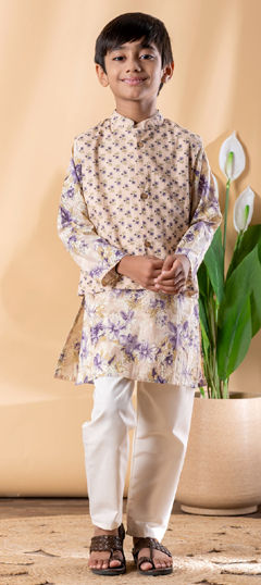 Beige and Brown color Boys Kurta Pyjama with Jacket in Cotton fabric with Printed work